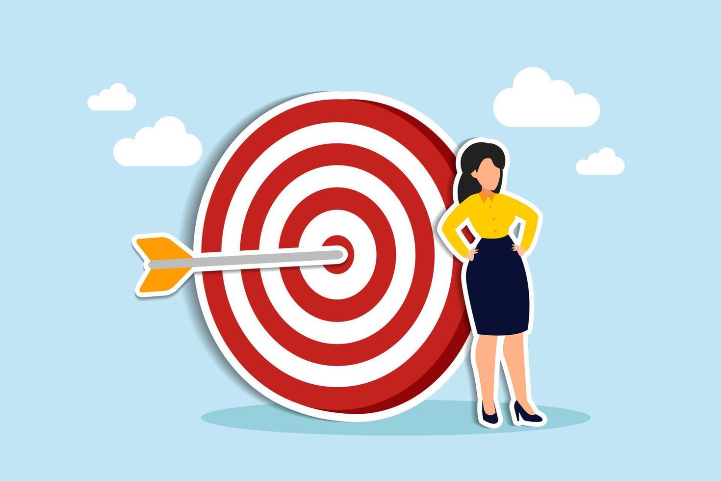 Business objective, goal and resolution to aim for success, aspiration and motivation to achieve goal concept, confident business woman stand with arrow hit bullseye on archery target vector