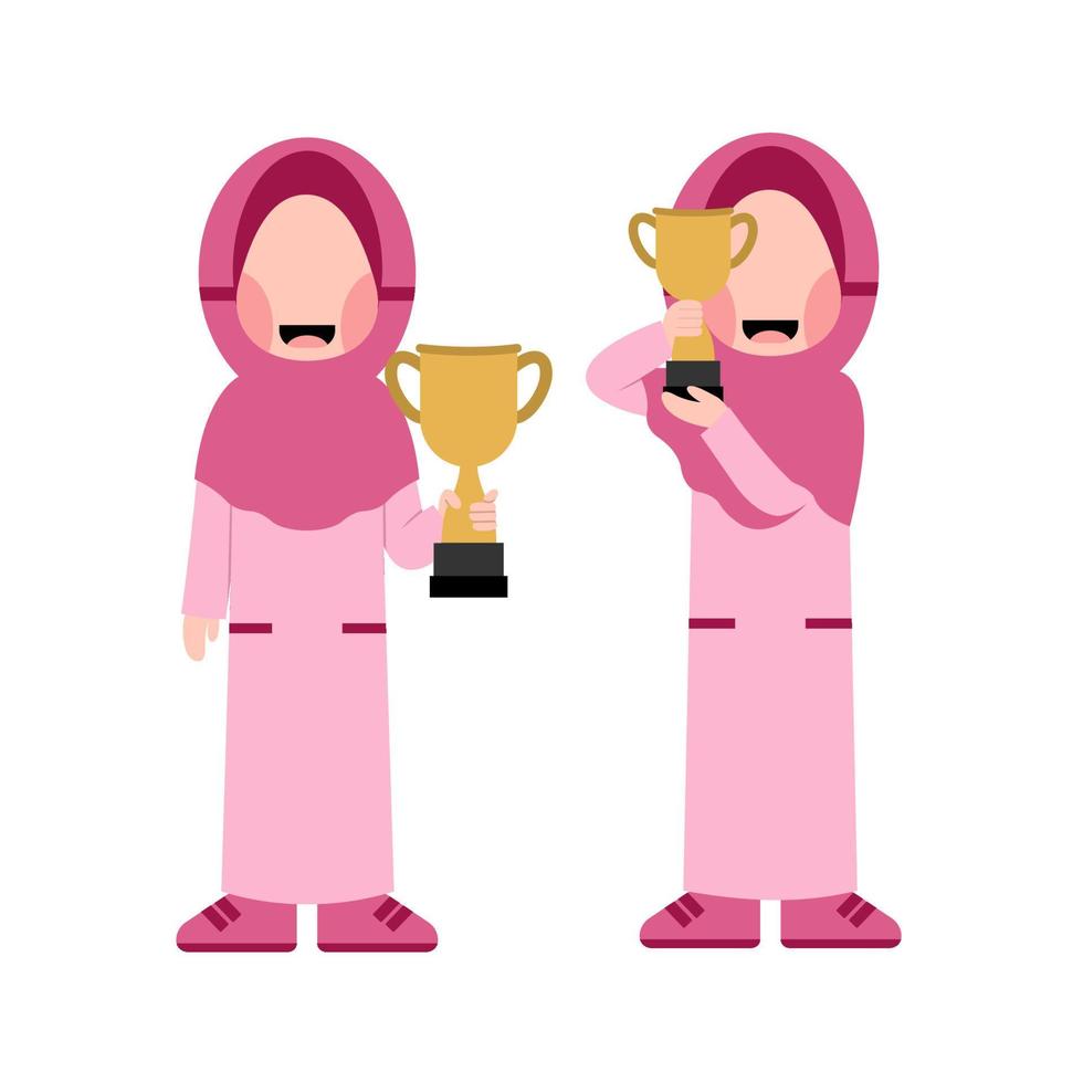 Set Of Hijab Girl Holding Trophy vector