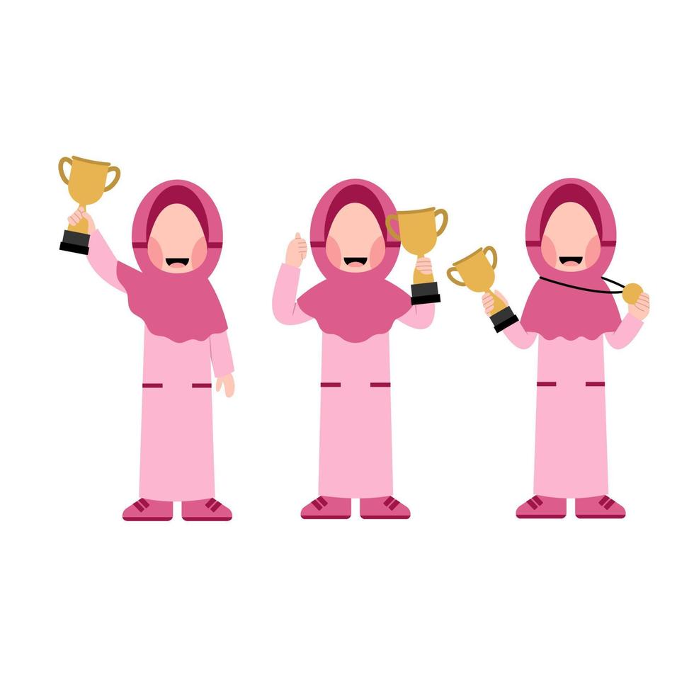 Set Of Hijab Girl Holding Trophy vector