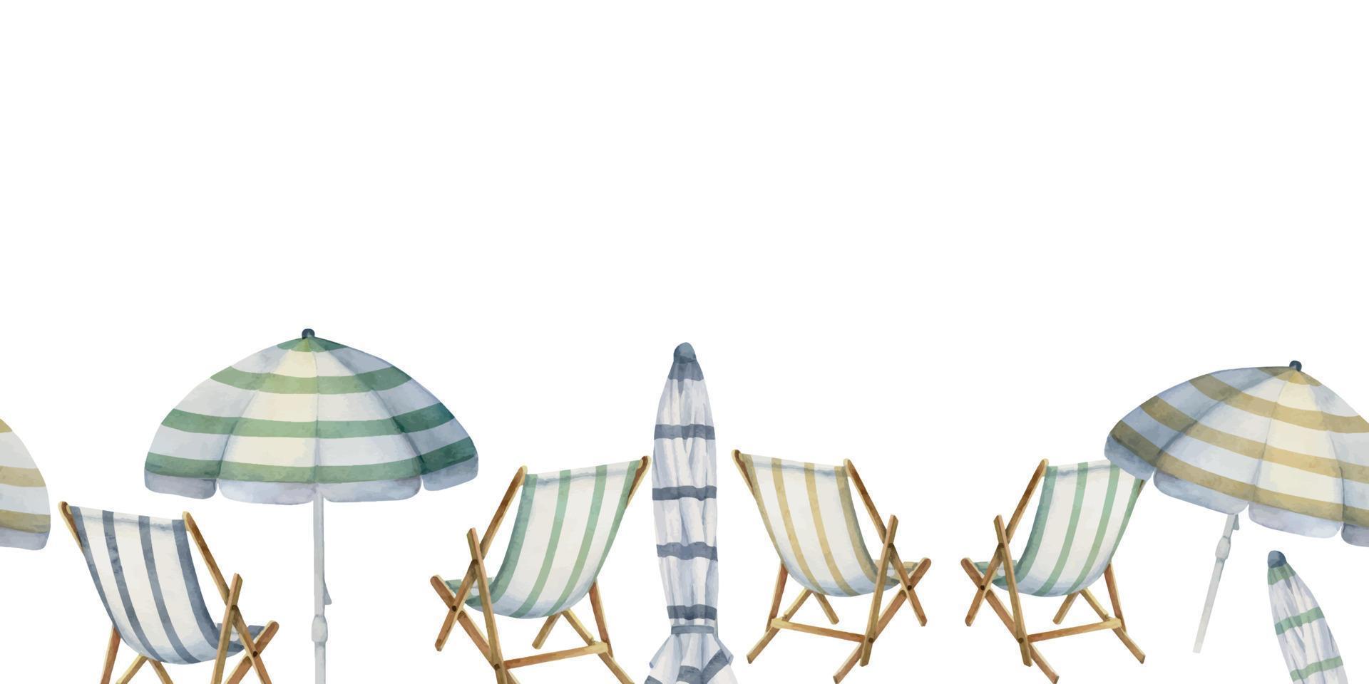 Hand drawn watercolor striped beach chair and umbrella. Seamless horizontal banner. Isolated on white background. Design for wall art, wedding, print, fabric, cover, card, tourism, travel booklet. vector