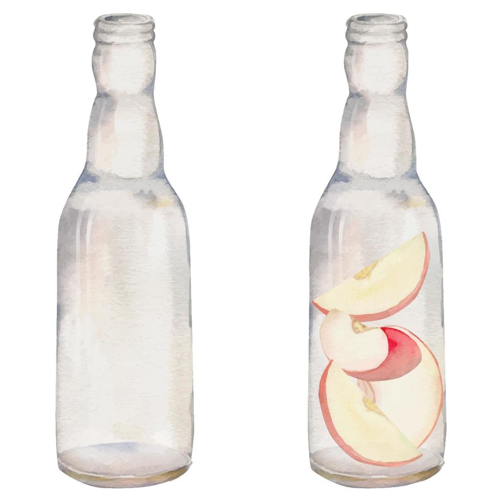Hand drawn watercolor composition with ripe apple fruit slices in glass