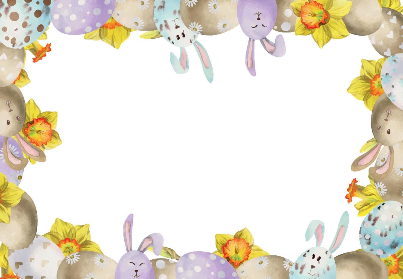 Watercolor hand drawn Easter celebration clipart. Border frame with eggs, leaves, bunnies, daffodil flowers. Isolated on white background. For invitations, gifts, greeting cards, print, textile vector