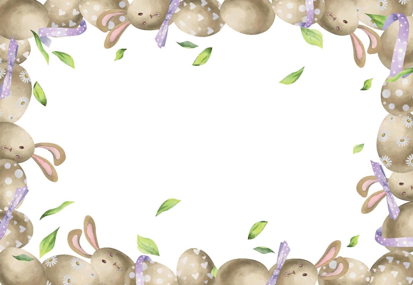 Watercolor hand drawn Easter celebration clipart. Border frame of eggs, bows, green leaves, bunnies. Pastel color. Isolated on white background. For invitations, gifts, greeting cards, print, textile vector