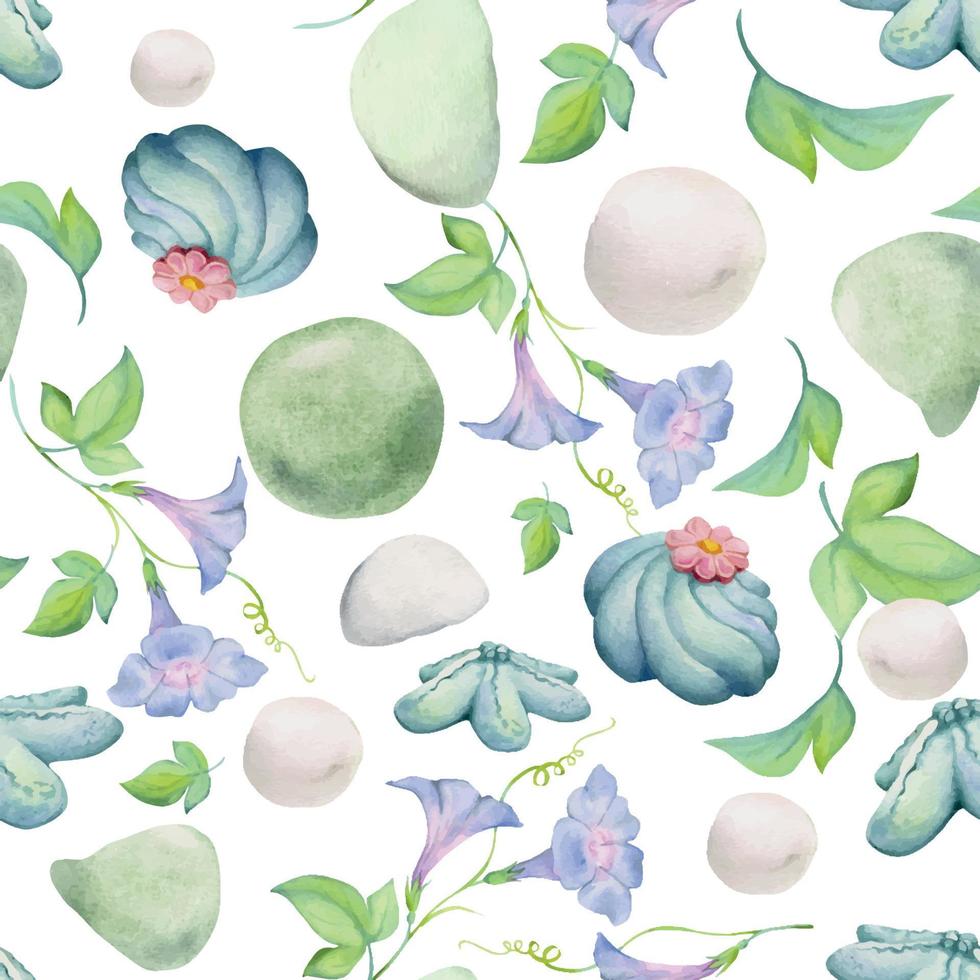 Watercolor seamless pattern with hand drawn traditional Japanese sweets. Wagashi, mochi, summer flowers Isolated on white background. Invitations, restaurant menu, greeting cards, print, textile vector