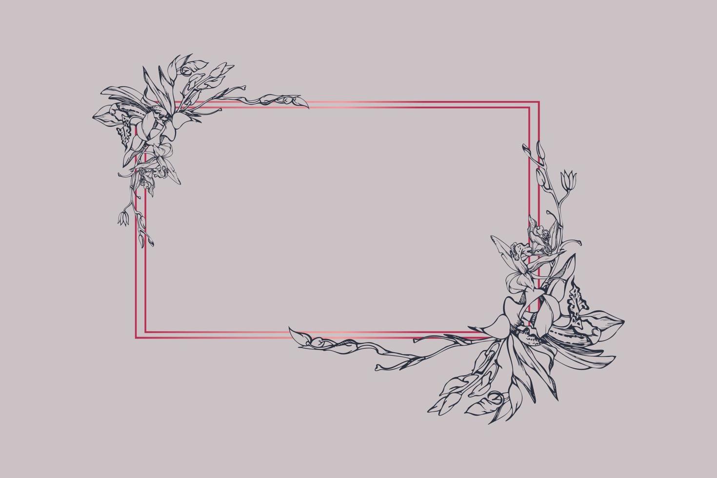 Hand drawn vector ink orchid flowers and branches, monochrome, detailed outline. Horizontal frame composition. Isolated on white background. Design for wall art, wedding, print, tattoo, cover, card.