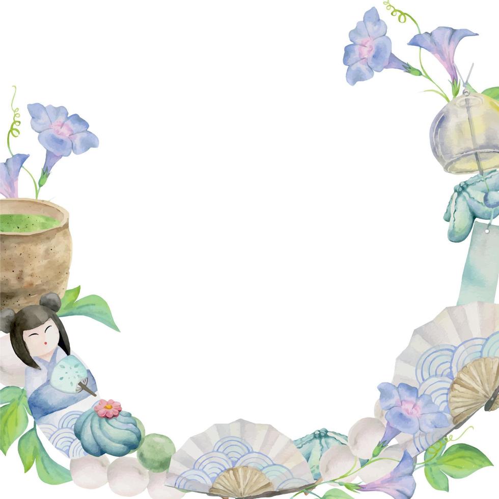 Watercolor hand drawn traditional Japanese sweets. Wreath of summer wagashi, flowers, objects. Isolated on white background. Design for invitations, restaurant menu, greeting cards, print, textile vector
