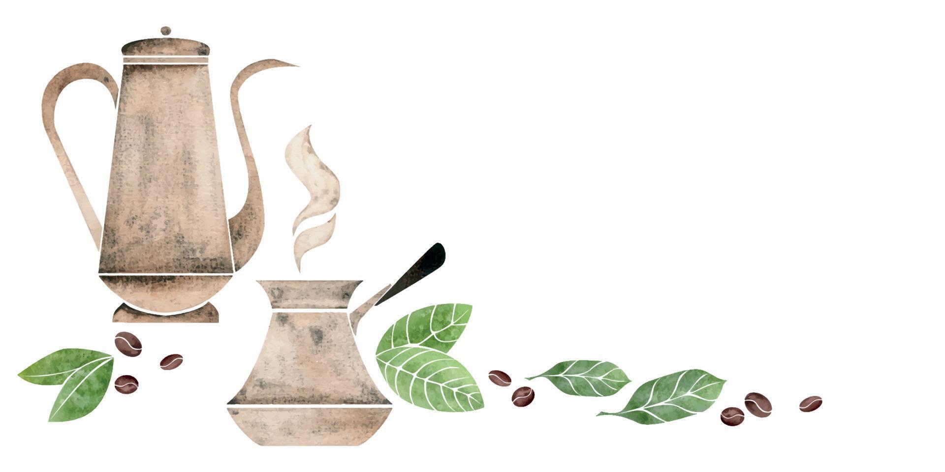 Watercolor hand drawn composition with coffee copper pot, cezve, jute bag beans leaves cinnamon sticks. Isolated on white background. For invitations, cafe, restaurant food menu, print, website, cards vector