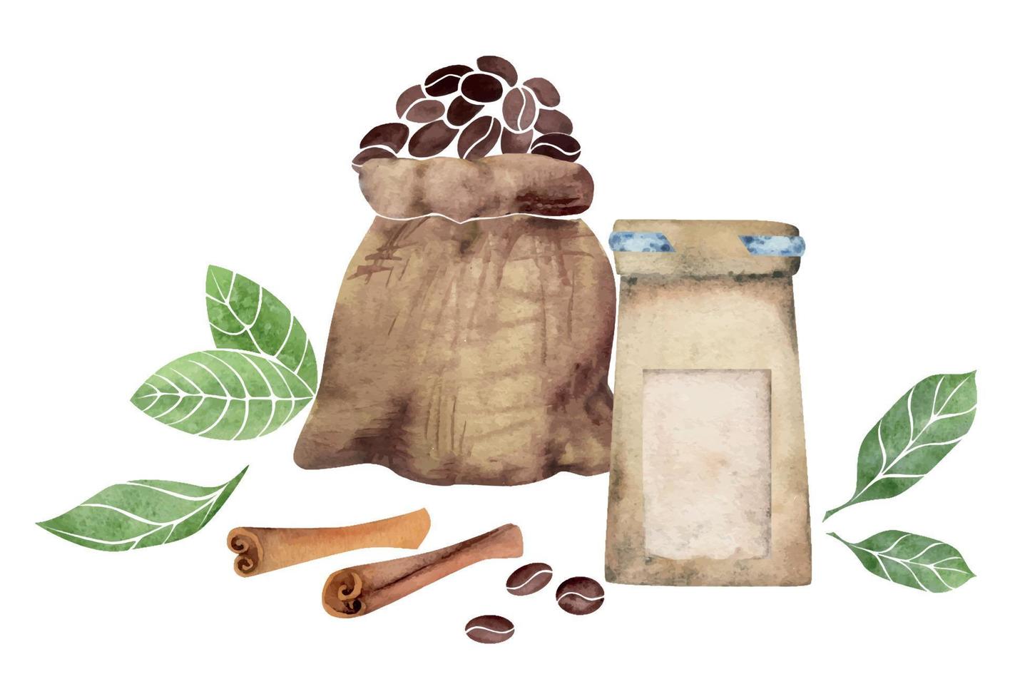 Watercolor hand drawn composition with coffee paper and jute bags, beans, leaves, cinnamon spices. Isolated on white background. For invitations, cafe, restaurant food menu, print, website, cards vector