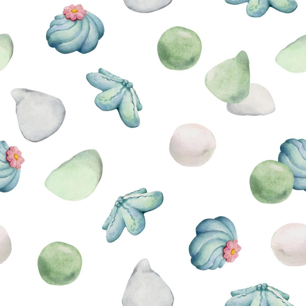 Watercolor seamless pattern with hand drawn traditional Japanese sweets. Wagashi, mochi, summer flowers. Isolated on white background. Invitations, restaurant menu, greeting cards, print, textile vector