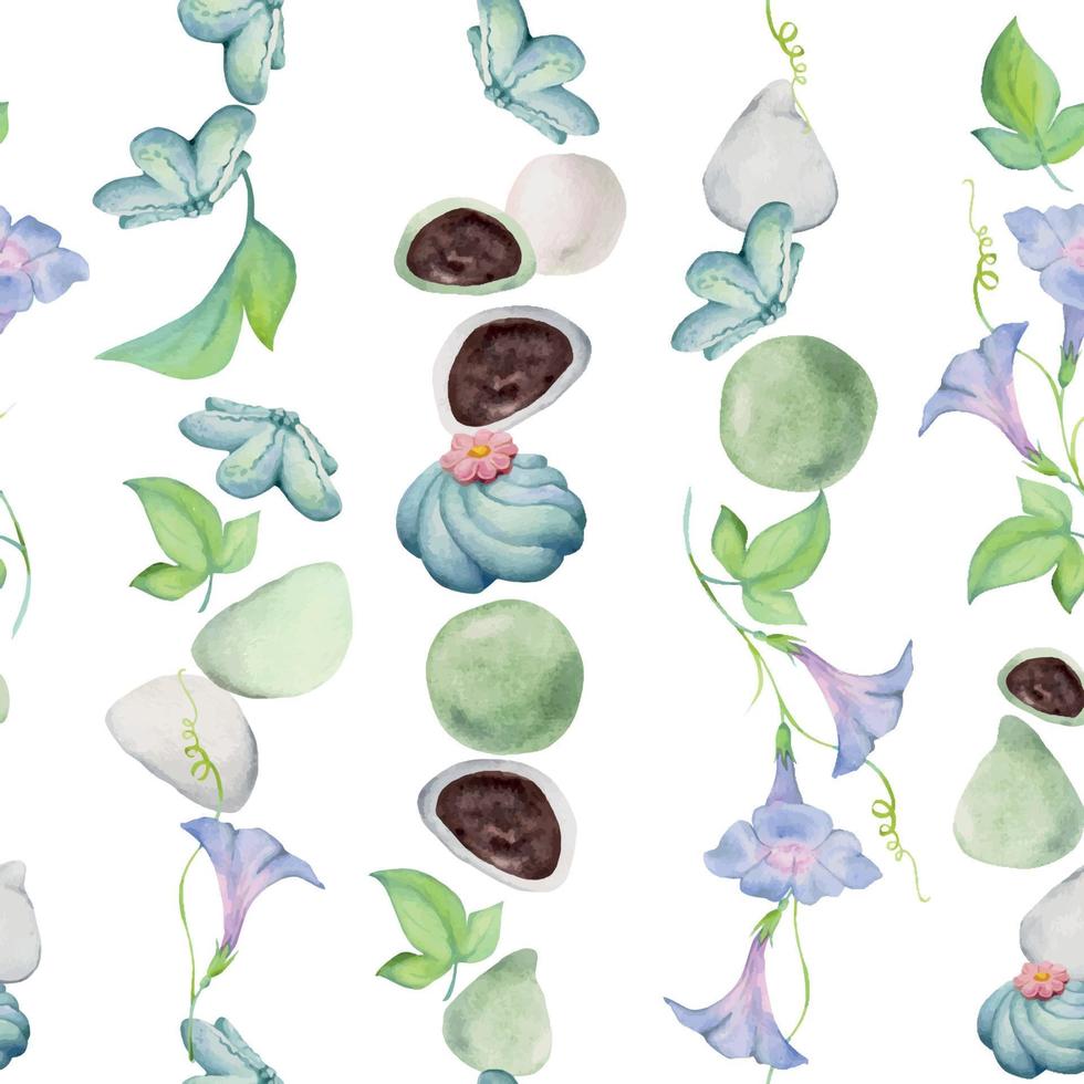 Watercolor seamless pattern with hand drawn traditional Japanese sweets. Wagashi, mochi, summer flowers Isolated on white background. Invitations, restaurant menu, greeting cards, print, textile vector