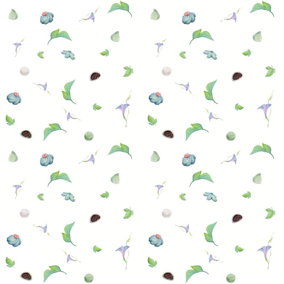 Watercolor seamless pattern with hand drawn traditional Japanese sweets. Wagashi, mochi, summer flowers Isolated on white background. Invitations, restaurant menu, greeting cards, print, textile vector