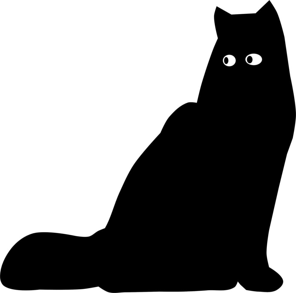 Cartoon black cat sitting drawing. Simple and cute kitten silhouette, Halloween vector illustration.
