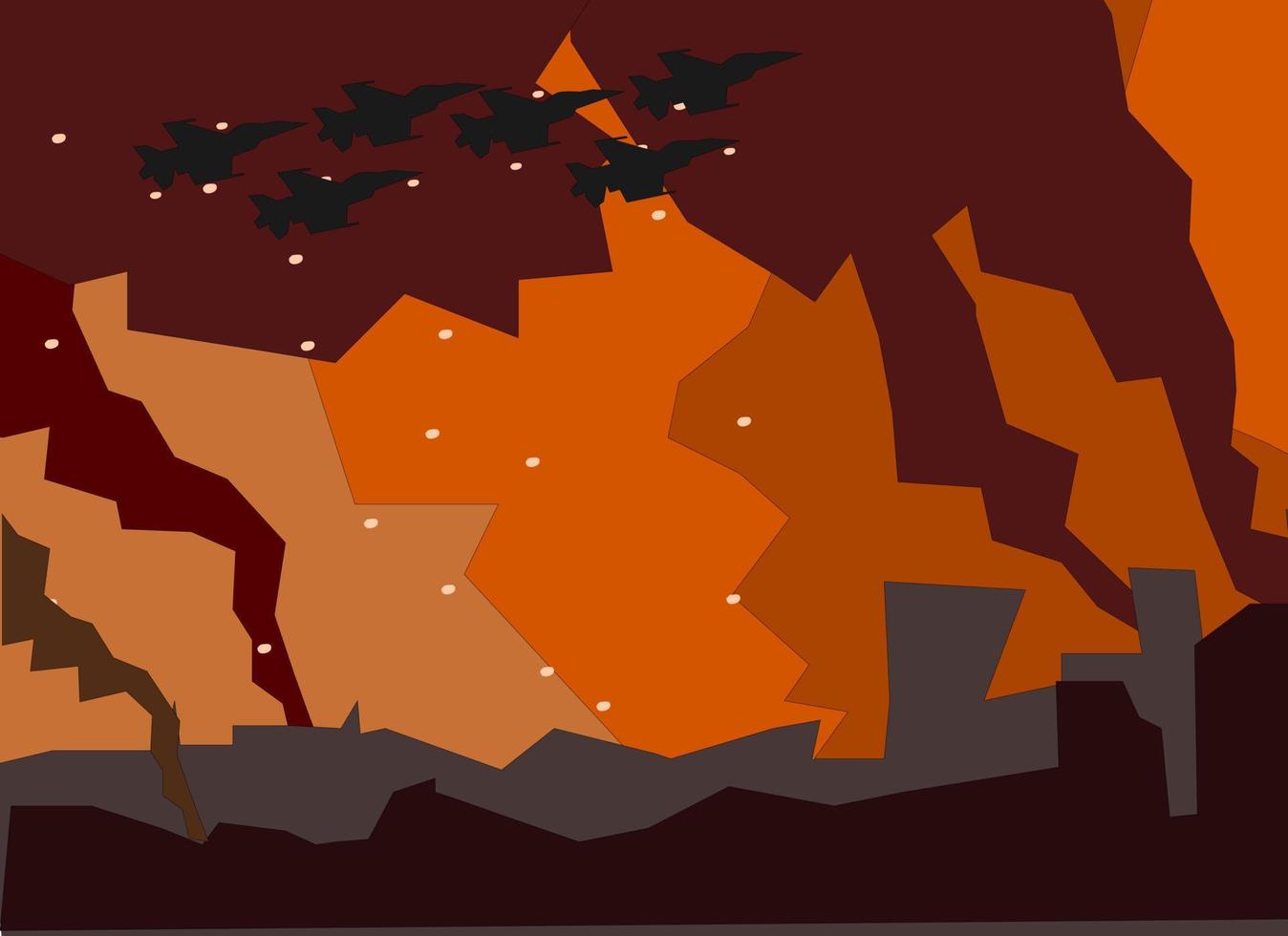 Horizontal background with destroyed city and fire smoke. War night concept banner with military aircraft and town. vector illustration.