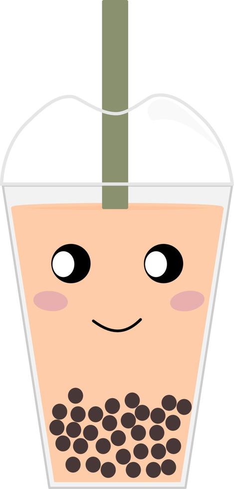 kawaii perla Leche té aislado en un transparente antecedentes. negro perlas es taiwanés famoso y popular bebida taza. vector ilustración bandera plano diseño. linda burbuja té bebida dibujos animados sonrisa rostro.