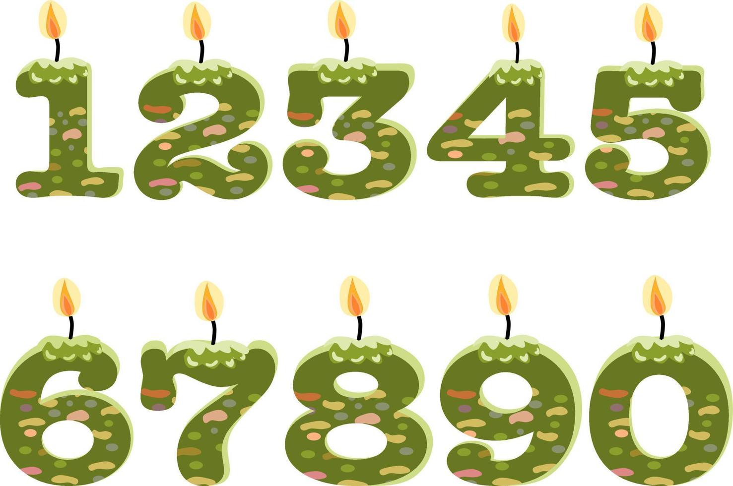 Green stone texture Birthday candles in the form of numbers. Template set of symbols for invitation to the anniversary. Vector flat design isolated on white background.