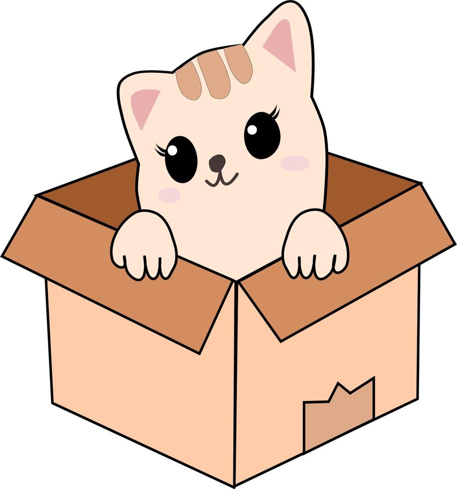 Cute little cat in a cardboard box. Little kitten in a box. Vector illustration.