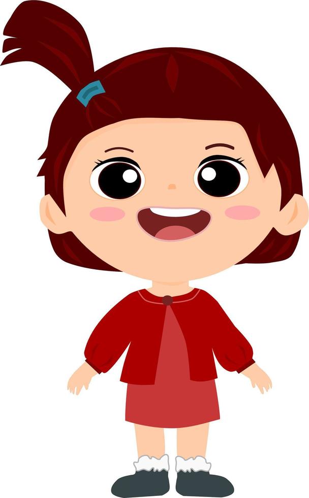 Children kid girl in a red dress and cardigan sweater. Vector illustration.