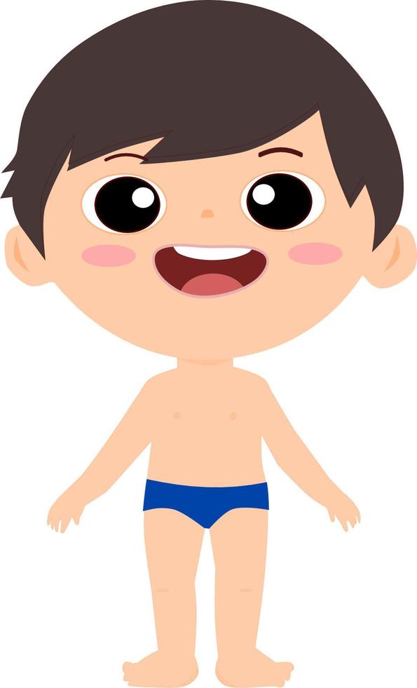 Cute Little Kid boy wear swimming suit. Laugh smile face kid. Vector illustration.