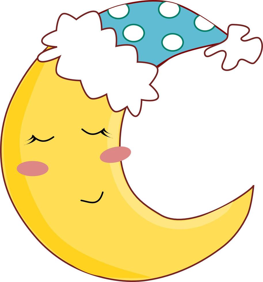 dormido Luna en gorro de dormir aislado en blanco antecedentes. creciente en blanco polca punto azul sombrero vector ilustración. dulce sueño símbolo.