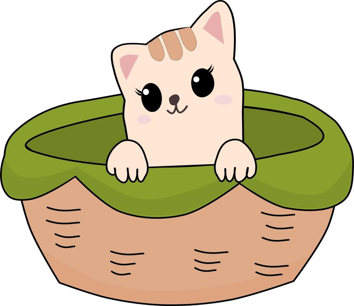 Cute little cat in basket. vector illustration.