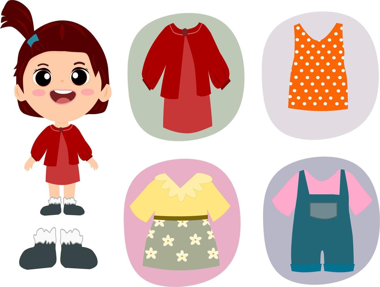 plano aislado niño niña Moda icono conjunto con elegante pequeño niña y su diferente ropa vector ilustración