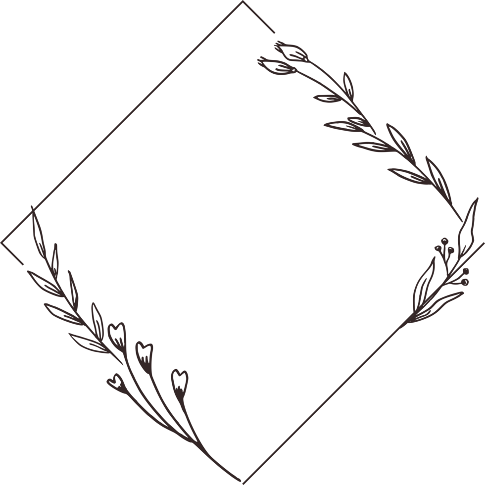 Minimalist floral frame with hand drawn leaf and flower simple floral border png