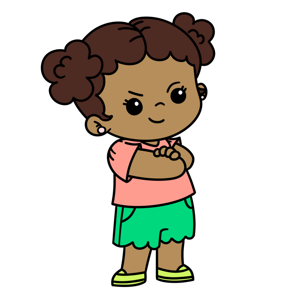 Cartoon Kids Girl Arms Crossed Curly Hair png