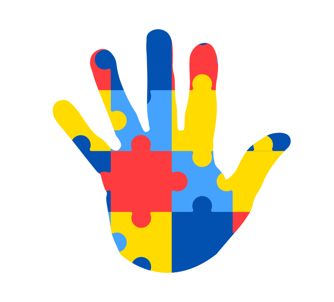 mondo autismo consapevolezza giorno. colorato puzzle mano design cartello. simbolo di autismo. medico piatto illustrazione. assistenza sanitaria png