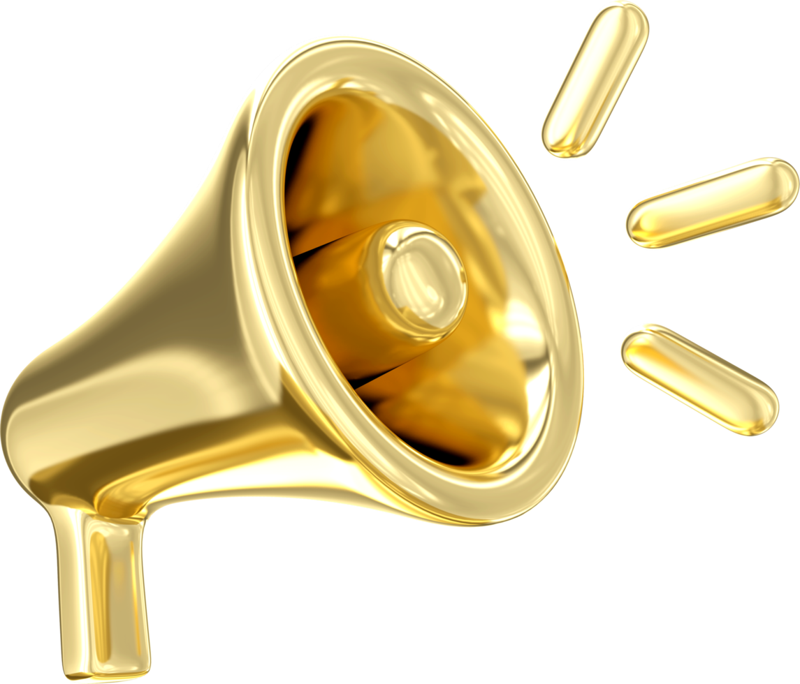 3d gold megaphone speaker icon. Loudspeaker gold color. Speaking trumpet. 3d rendering png