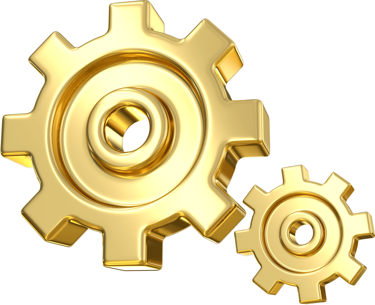 3D gold gear icon. gold metal gears and cogs. Mechanism wheels logo. Cogwheel concept template. Settings, process, progress business icon. UI symbol. 3d rendering png