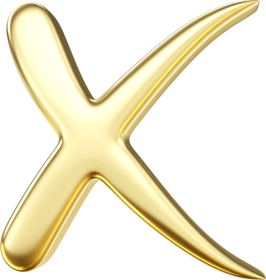 3d gold metal cross checkmark icon. Check Symbols X mark. Tick checkmark x sign gold color. Negative or decline sign , 3D rendering png
