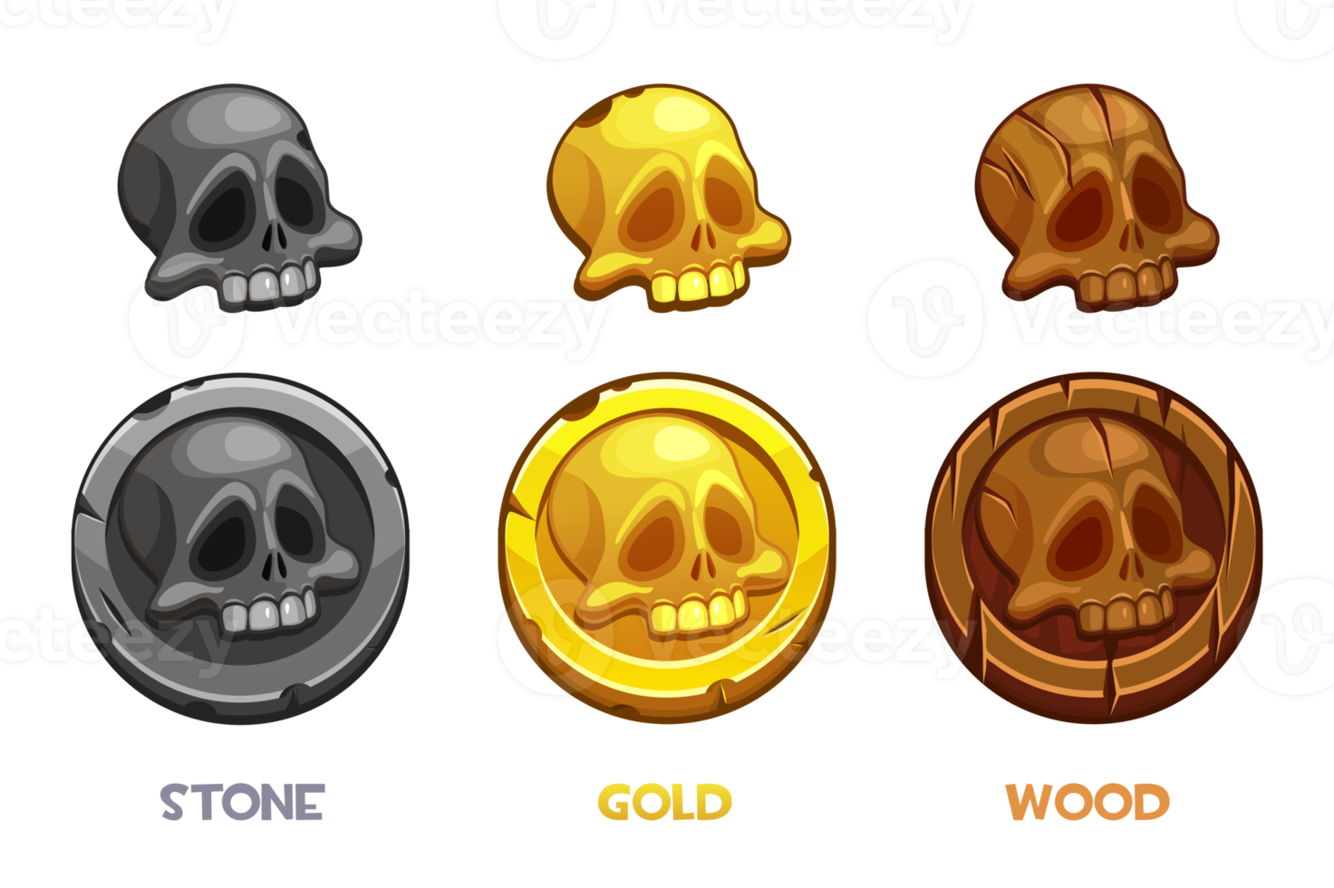 Pirate black mark, gold, wooden, stone coins with a skull. png