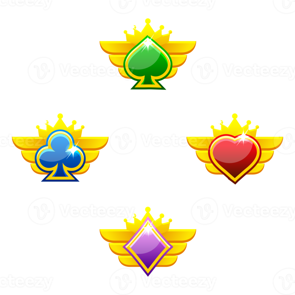 Set of colored award badges for casino and 2D game. Heart, spade, club and diamond. png