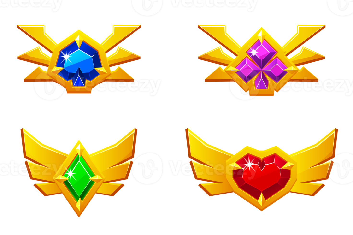 Heart, spade, club and diamond. Set of colored award badges for casino and 2D game png