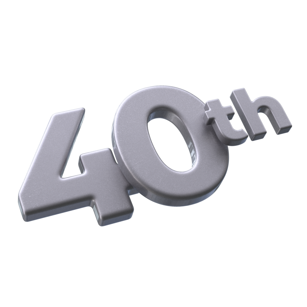 Number 40th 3D rendering with Silver color png