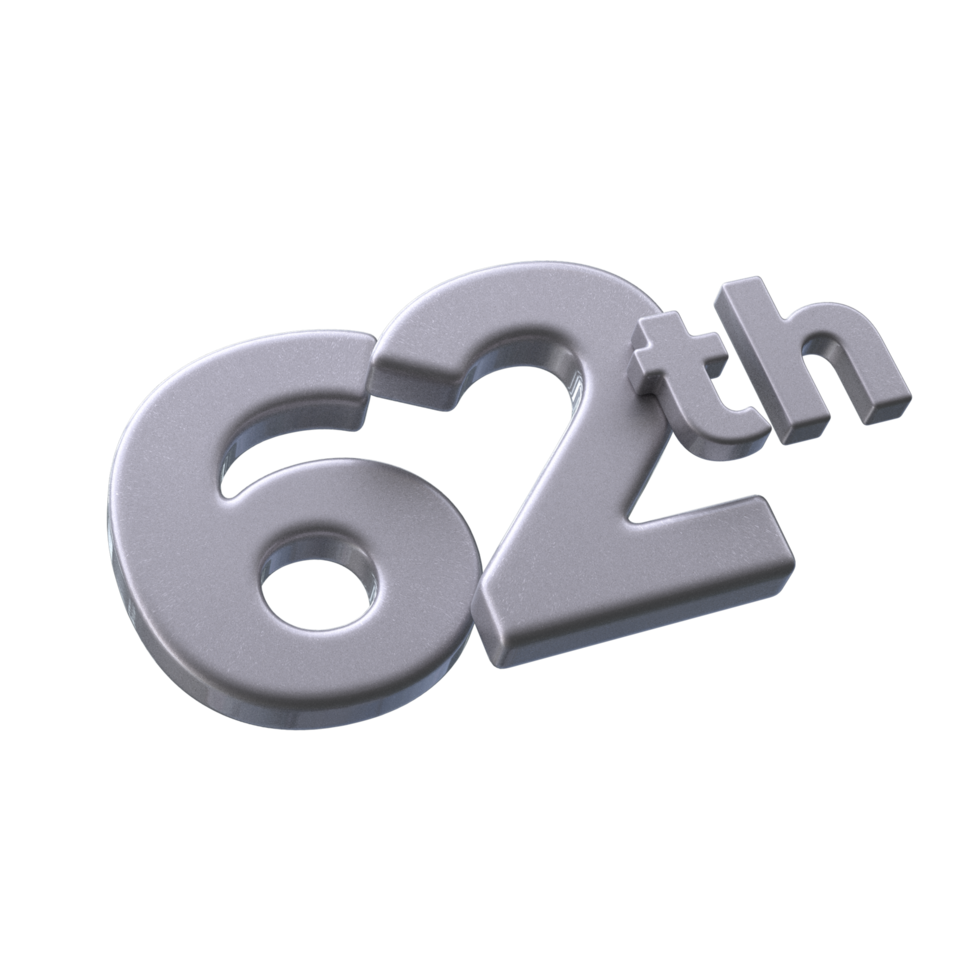 Number 62th 3D rendering with Silver color png