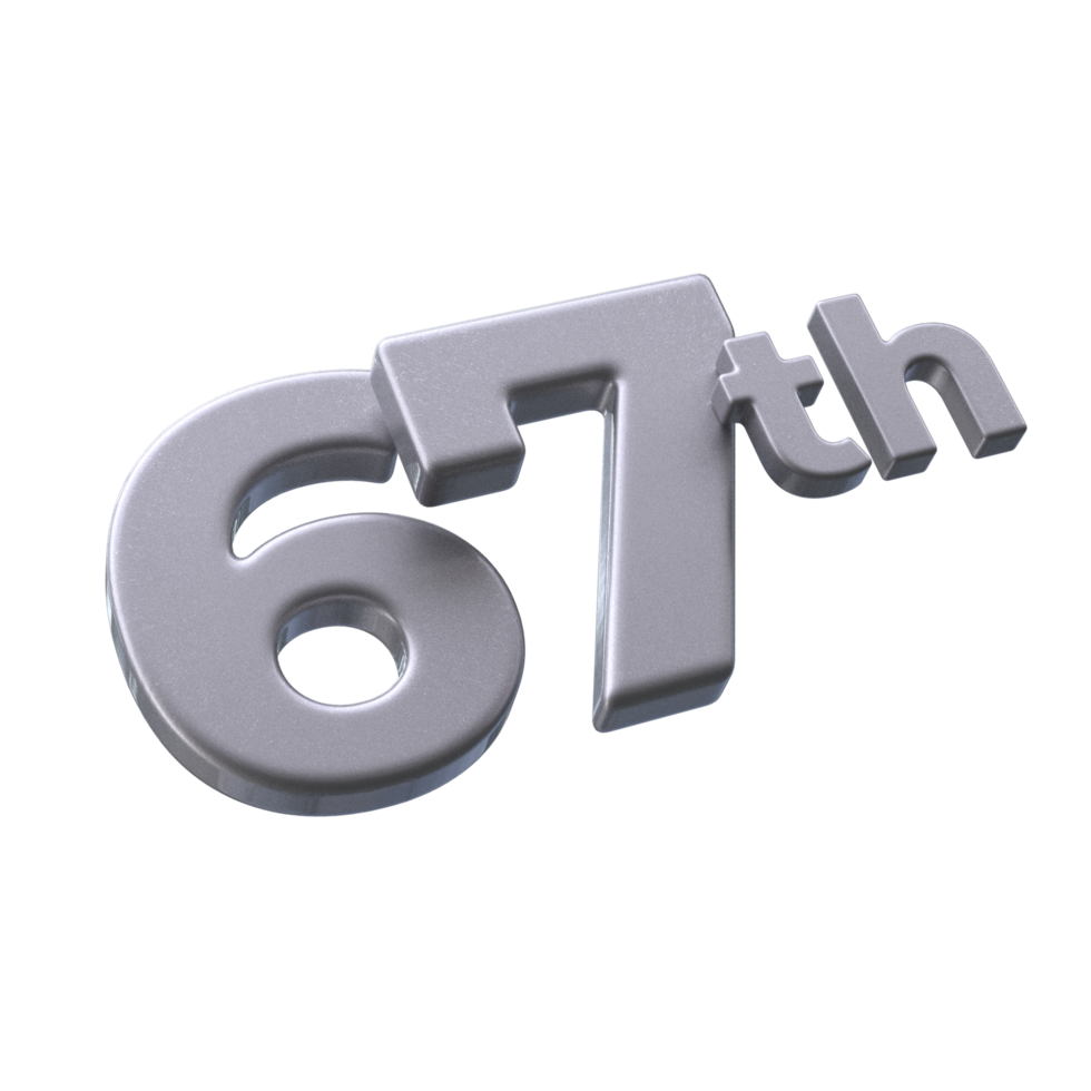 número 67º 3d render com prata cor png