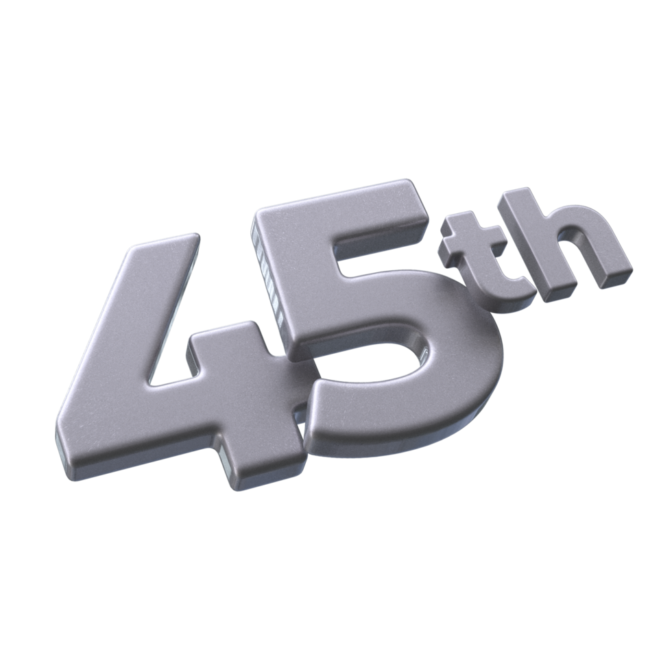 Number 45th 3D rendering with Silver color png