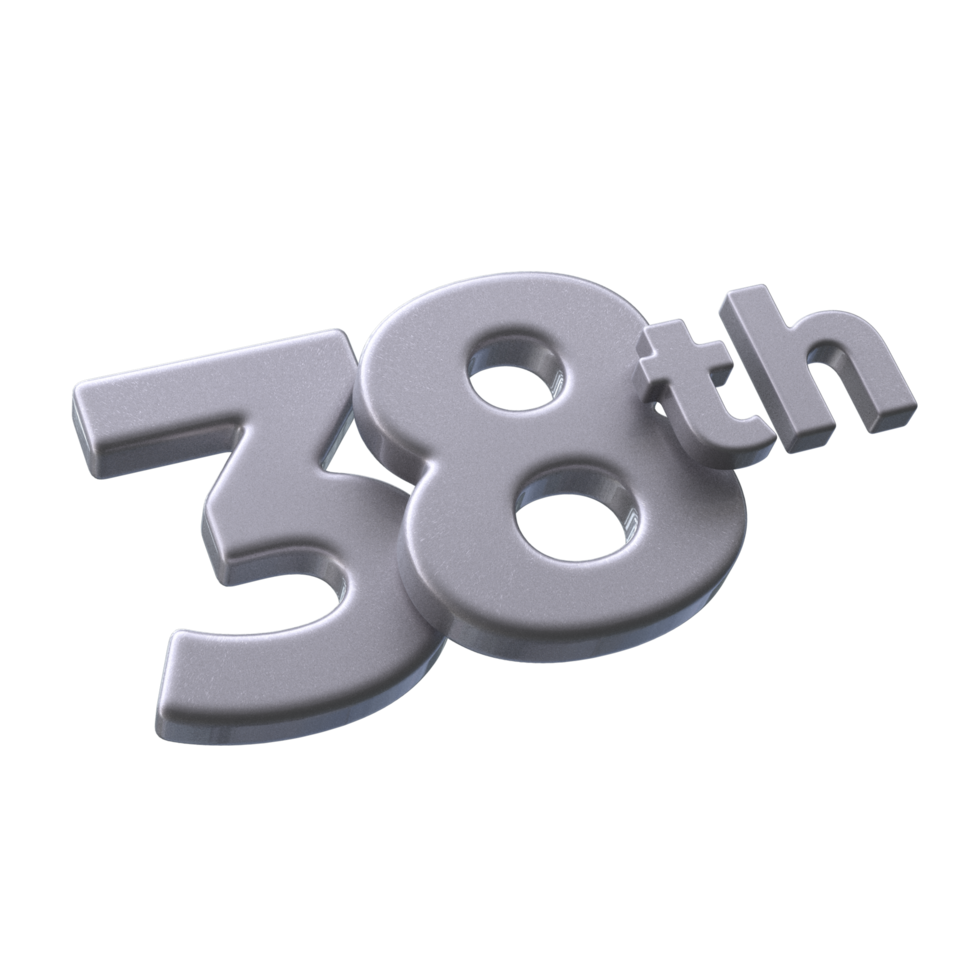 Number 38th 3D rendering with Silver color png