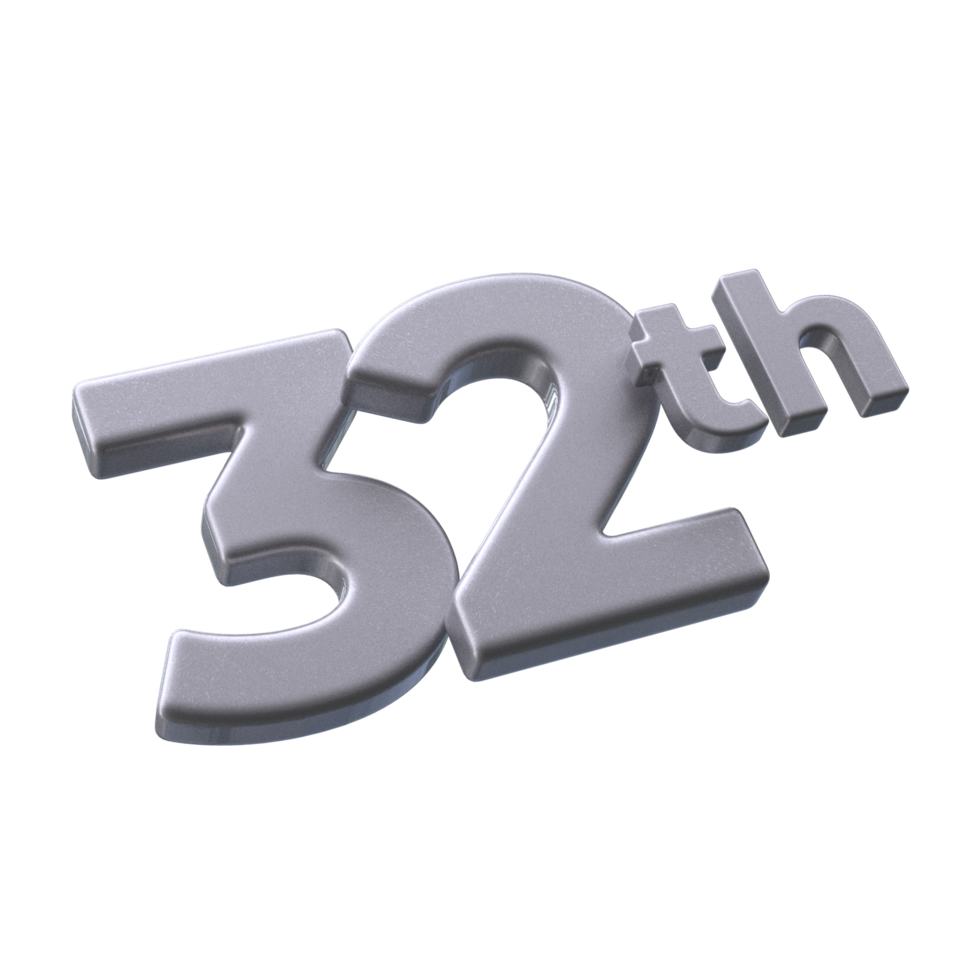 Number 32th 3D rendering with Silver color png