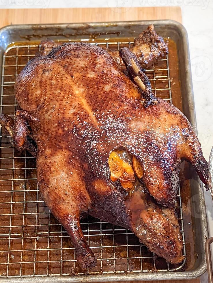 smoked duck on a tray ready to eat stuffed with oranges photo
