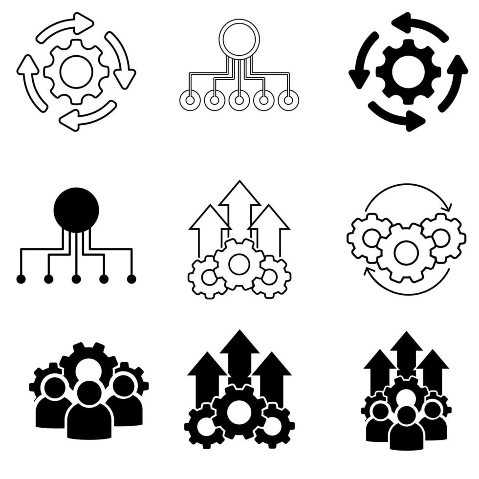 conjunto de vectores de iconos de operaciones. colección de signos de ilustración de flujo de trabajo. símbolo de flujo de trabajo. logotipo automático.