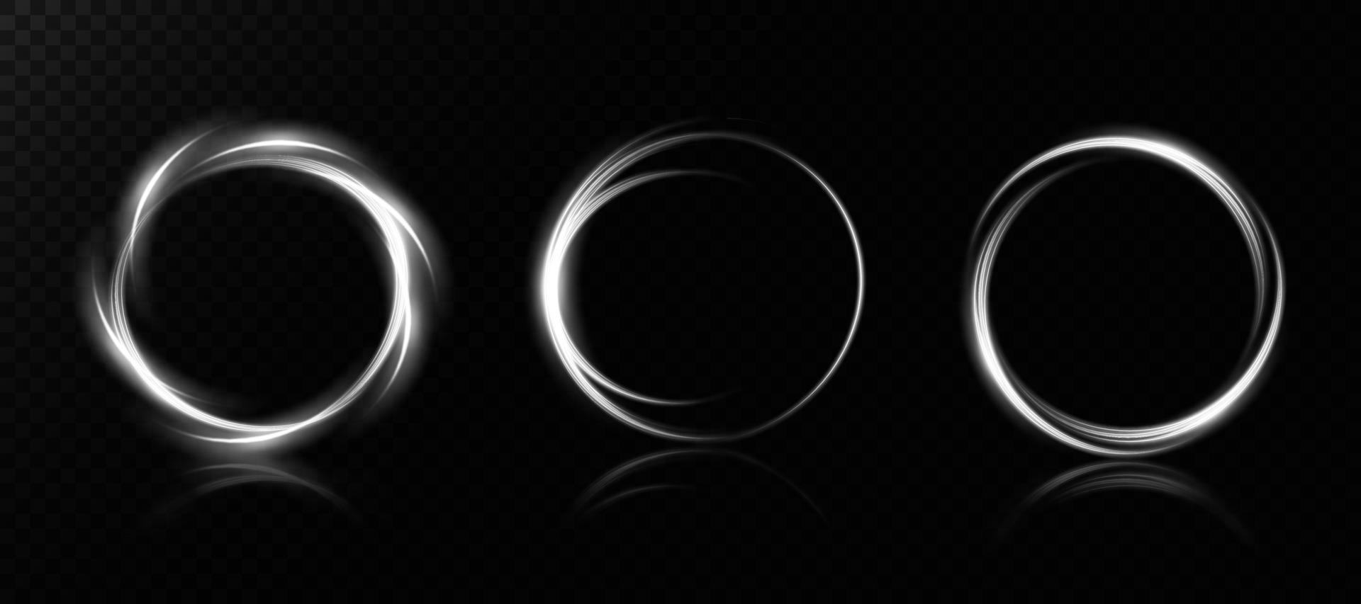 White glowing shiny spiral lines, round frames. Vector background. Abstract effect of movement with the speed of light. Shiny wavy path. Light painting. Easy trail.