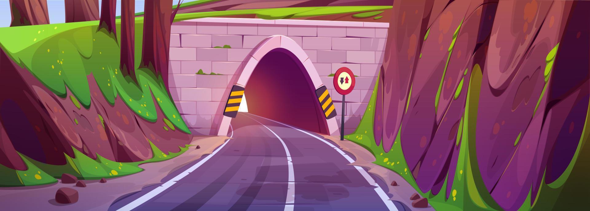 Cartoon road going through tunnel in mountain vector