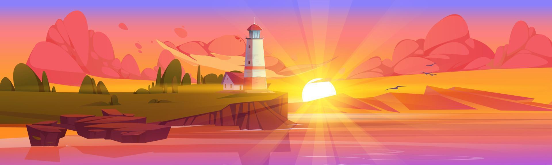 Lighthouse on sea coast. Landscape with beacon vector