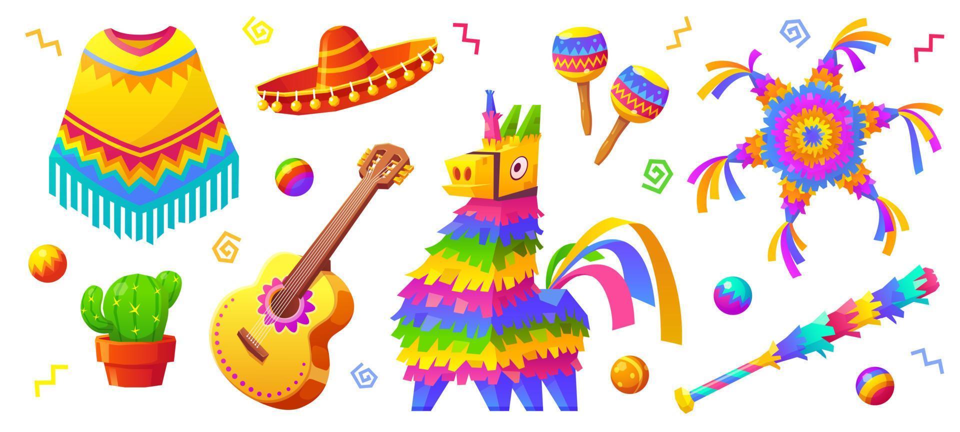 Cartoon set of mexican party accessories vector