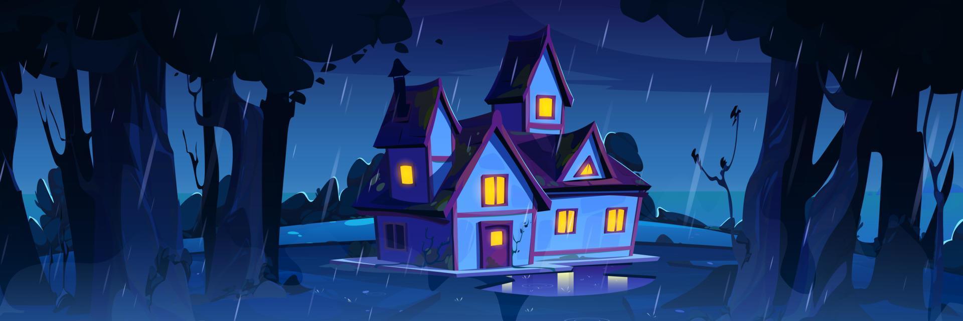 Night rainy landscape with forest, village house vector