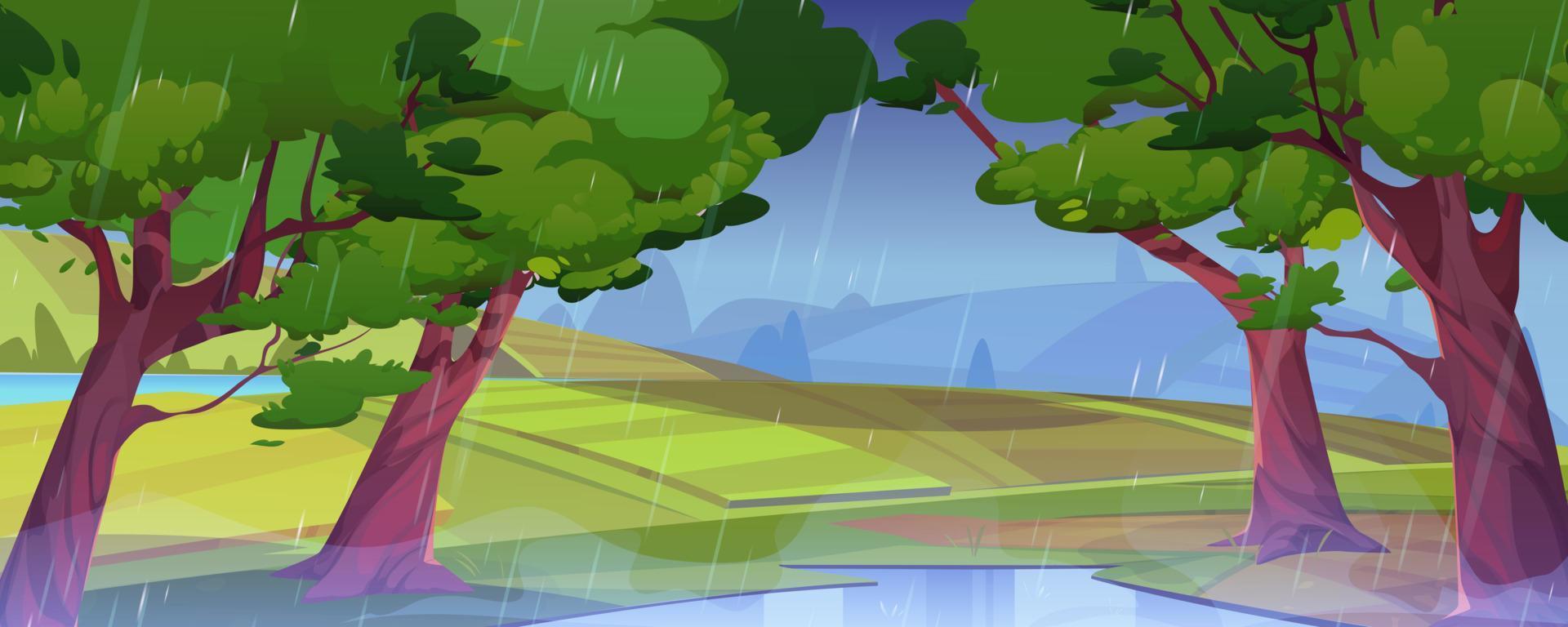 Summer rainy landscape with farm fields, forest vector