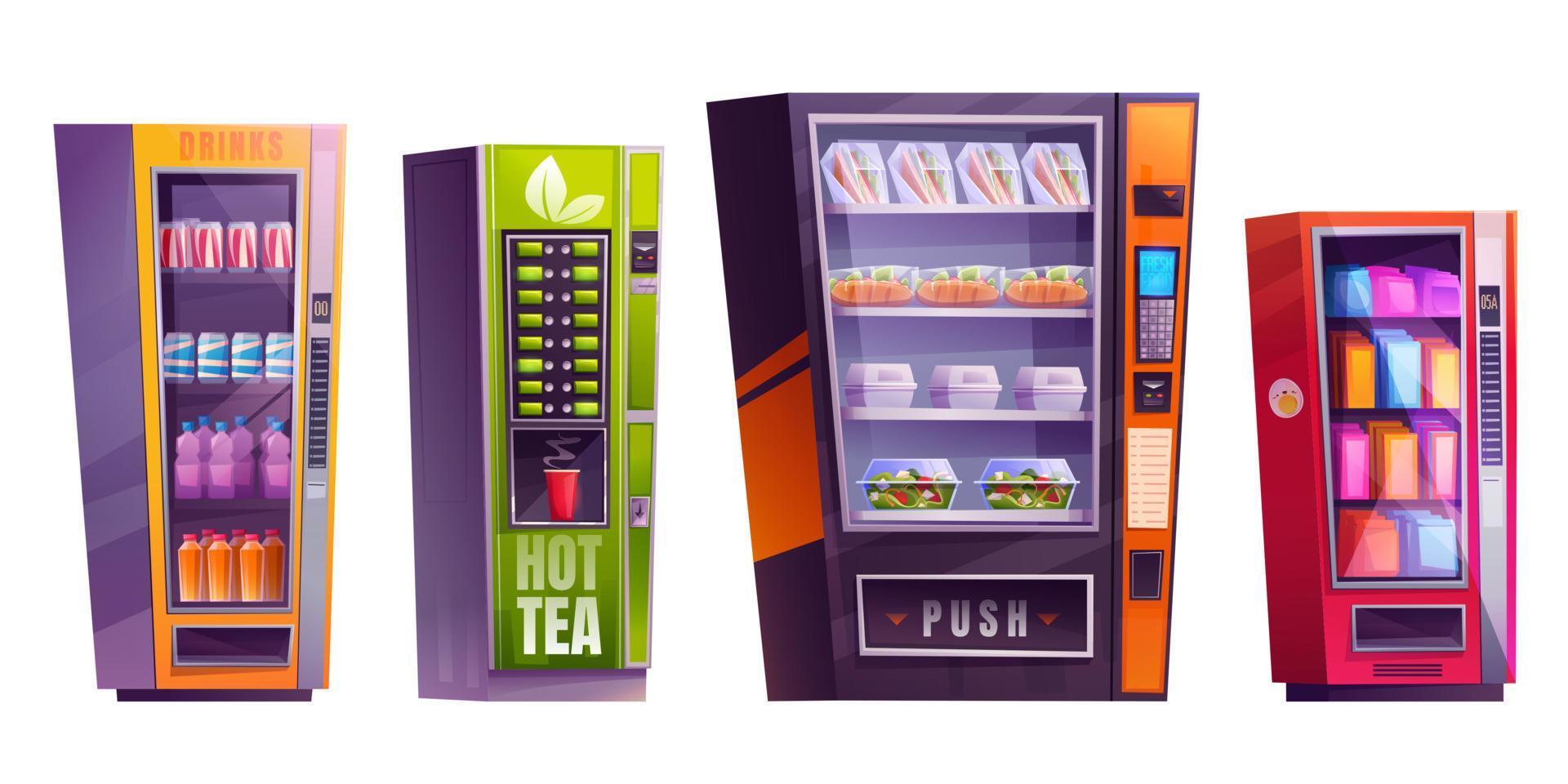 conjunto de venta máquina con bocadillo, caramelo y té. vector