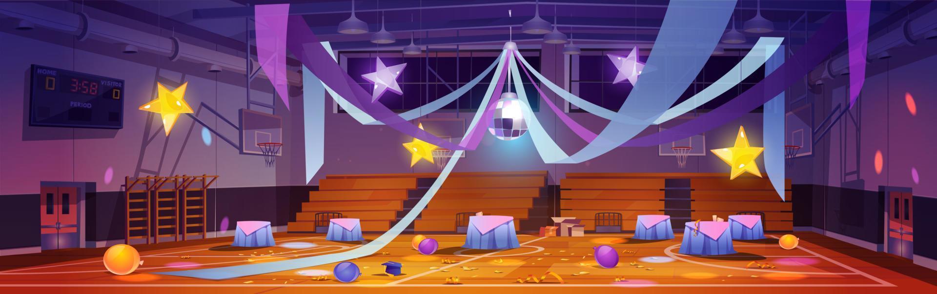 Mess in empty school gym after dance party vector